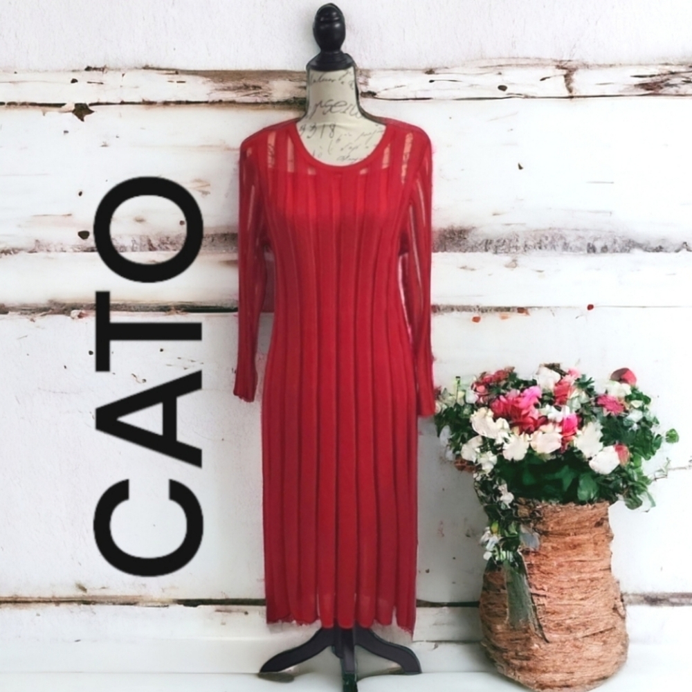 NWT CATO Women's Dress Midi/ Sheer Stripes/ Ribbed Red Size14/16W